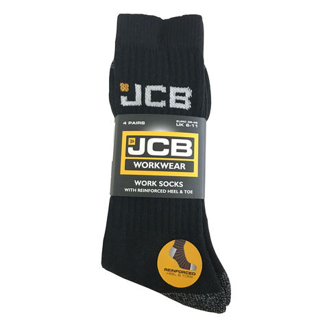 JCB Mens Heavy Duty Black Reinforced Trade Work Socks - Pack of 4 Pairs