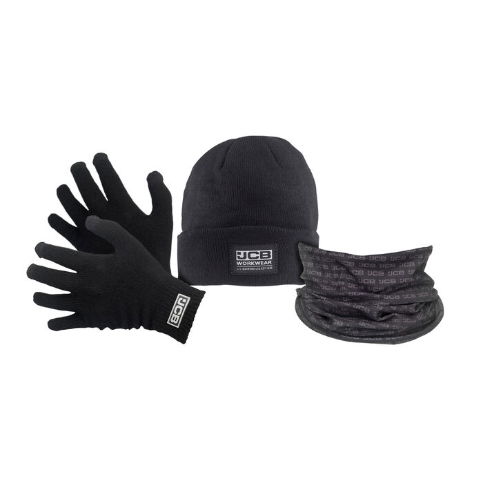 JCB Winter Set Black Thermal Gloves Beanie Hat Snood Scarf Christmas Gift Set