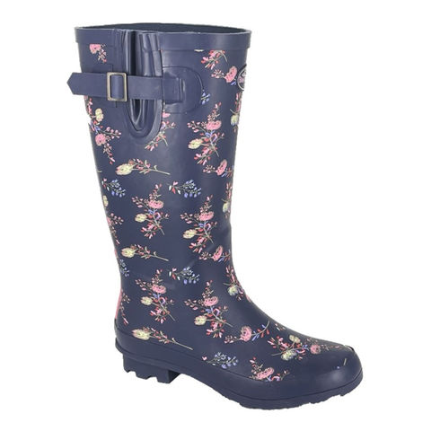 Stormwells Navy Blue Floral Print Ladies Wide Fit Calf Wellington Boots Wellies